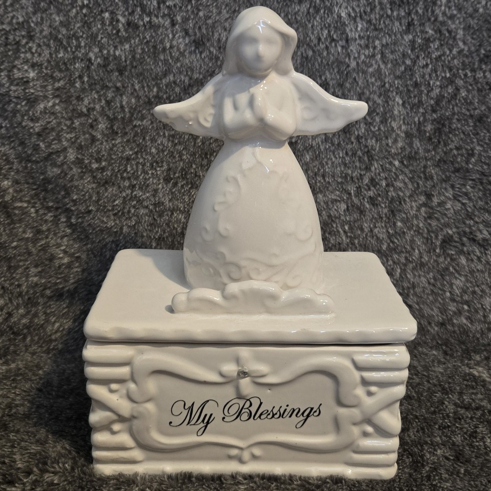 White Ceramic Angel My‎ Blessings Keepsake Trinket Box Praying Angel With Lid